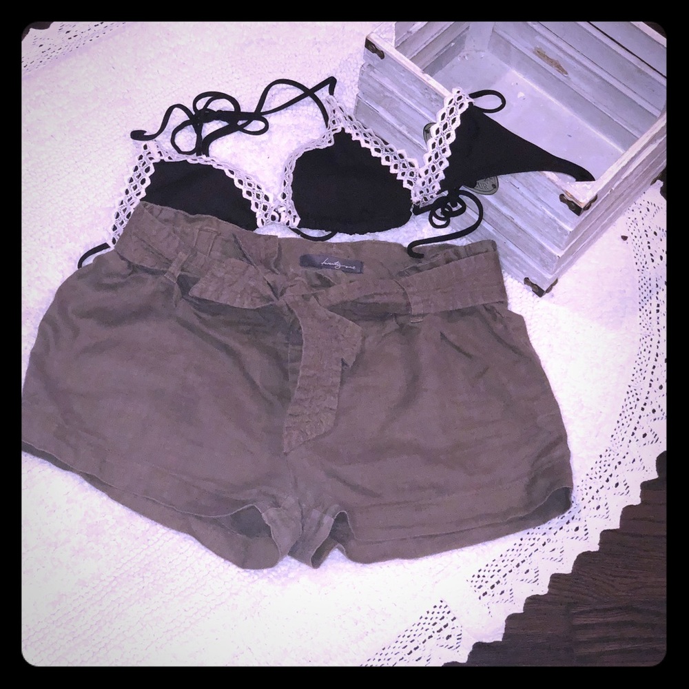 F21 Olive Green Front Tie Linen Shorts